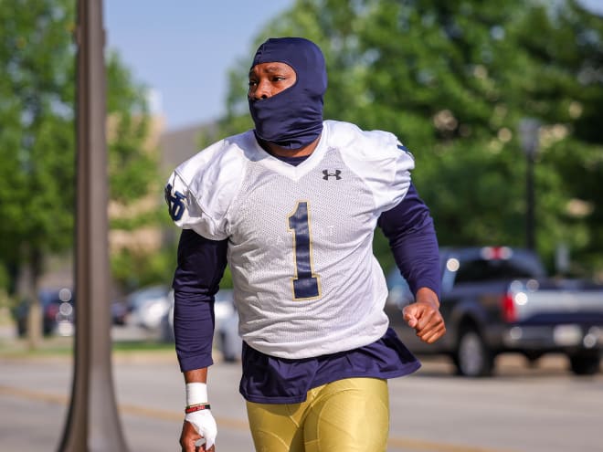 Notre Dame defensive end Javontae Jean-Baptiste often wore a ski mask to practices this preseason.