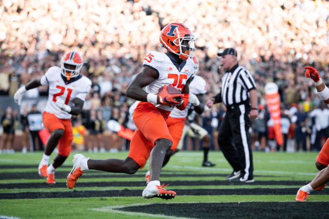  Illinois Fighting Illini defensive back Kerby Joseph (25) intercepts a pass in the end zone during the college football game between the Purdue Boilermakers and Illinois Fighting Illini on September 25, 2021, at Ross-Ade Stadium in West Lafayette, IN.