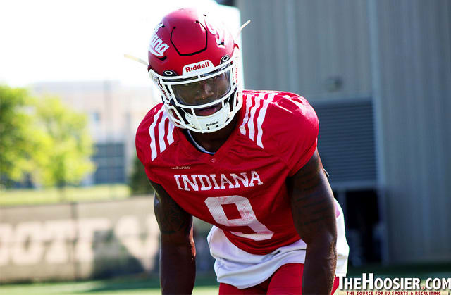 IU senior safety Jonathan Crawford waits for instruction during a drill in a fall practice earlier this month, wearing Indiana's new jersey.  Crawford, who wore his last name on the back jersey during his first three seasons with the program, won't have that opportunity his senior year following Indiana's uniform branding decision. 