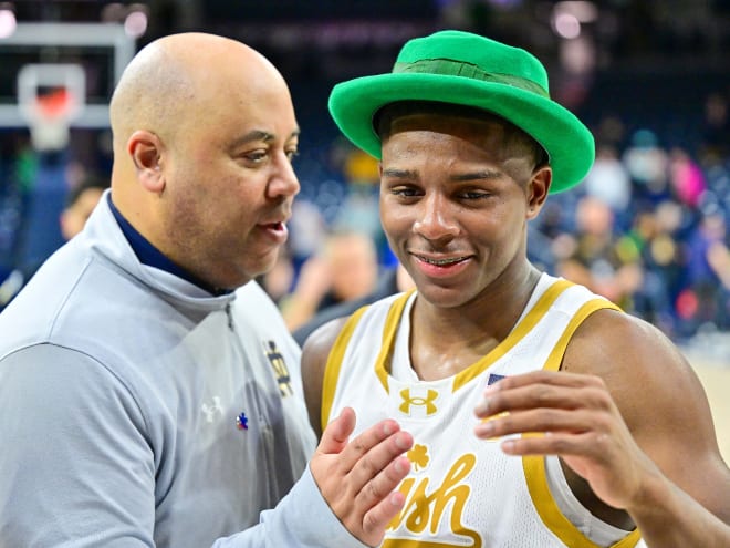 Notre Dame head coach Micah Shrewsberry, left, can continue to lean on freshman guard Markus Burton.