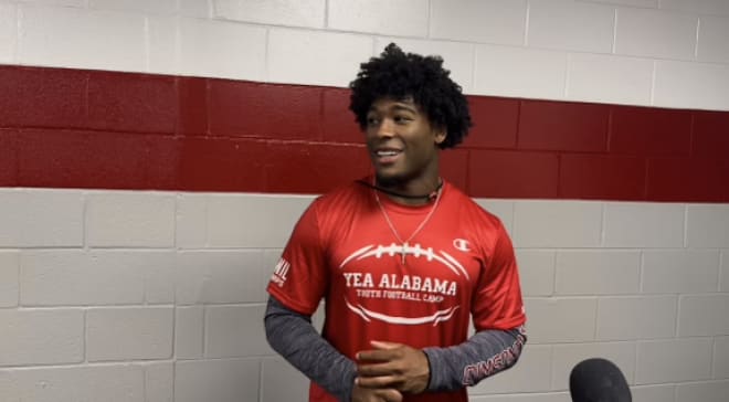 Alabama running back Justice Haynes talks to reporters during a football camp at Hillcrest High School in Tuscaloosa. Photo | Jack Knowlton