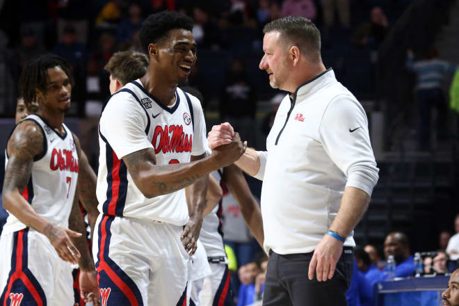 Ole Miss Rebels guard Brandon Murray (0) reacts with head coach Chris Beard during the second half against the Florida Gators at The Sandy and John Black Pavilion at Ole Miss. Mandatory Credit: Petre Thomas-USA TODAY Sports