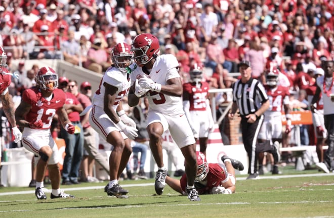 Alabama receiver Germie Bernard makes a catch during the A-Day game. Photo | Alabama Athletics