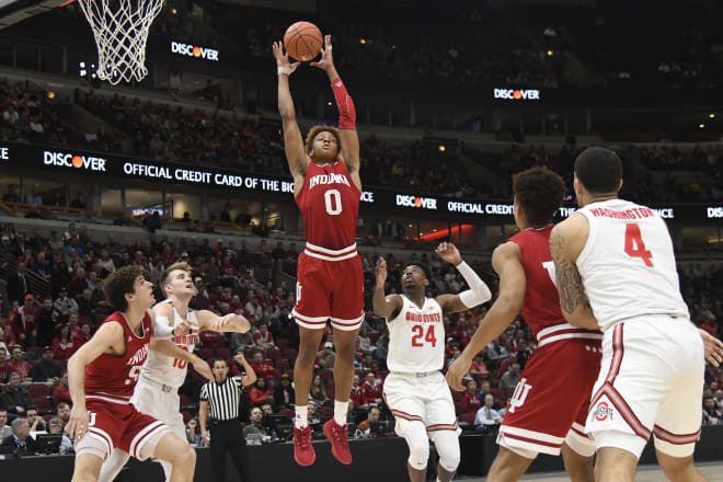 Romeo Langford leaps for a rebound in Indiana's Big Ten Tournament matchup with Ohio State.