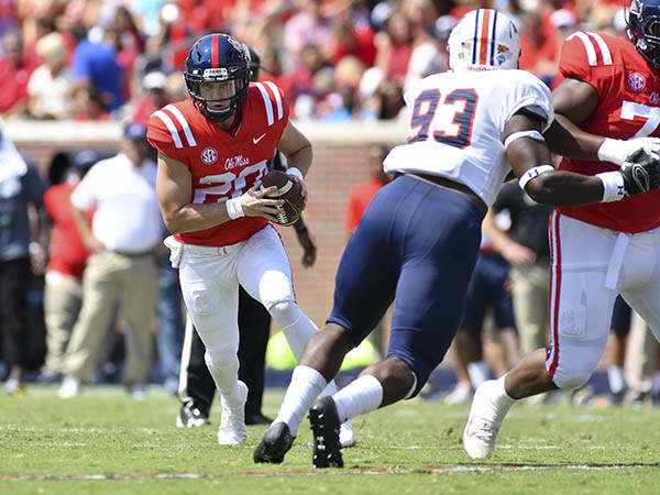 Ole Miss quarterback Shea Patterson runs to daylight during the Rebels' 45-23 win over UT-Martin Saturday in Oxford.