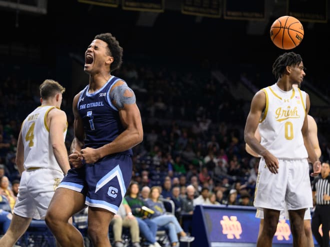 The Citadel guard AJ Smith, in blue, scored 13 points in a 20-point victory at Notre Dame.