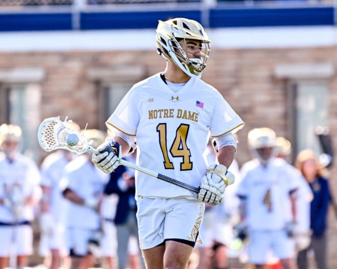 Notre Dame midfielder/wide receiver Jordan Faison (14) is fifth in the nation in shooting percentage for the nation's No. 1 men's lacrosse team, Notre Dame.