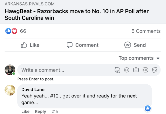 Photo is a screen shot from the comments of HawgBeat's Facebook story on the Hogs landing at No. 10 in the AP poll.