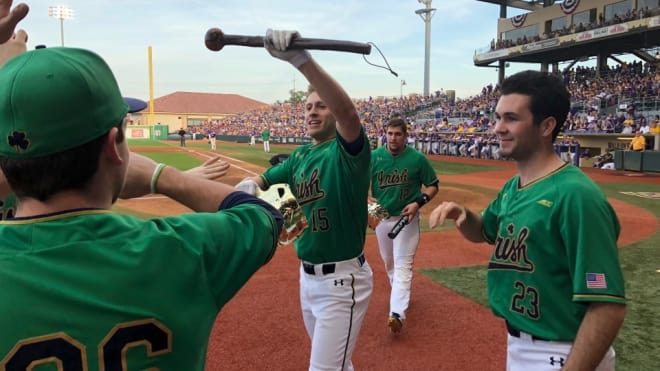 Notre Dame baseball players celebrating