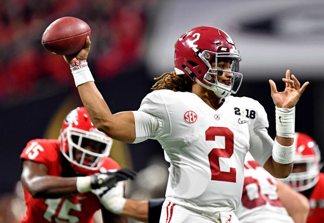 Alabama Crimson Tide quarterback Jalen Hurts (2) throws a pass during the second quarter against the Georgia Bulldogs in the 2018 CFP national championship college football game at Mercedes-Benz Stadium. Photo | USA Today