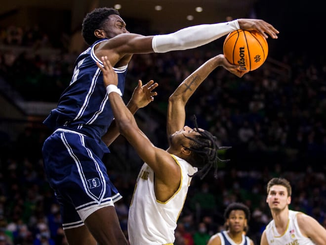 Duke's Mark Williams, left, blocks a shot by Notre Dame's Blake Wesley during Duke's 57-43 win at Notre Dame on Monday night.