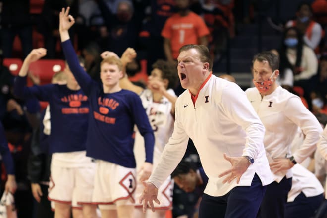 Head coach Brad Underwood of the Illinois Fighting Illini reacts to a play in the game against the Michigan Wolverines at State Farm Center on January 14, 2022 in Champaign, Illinois