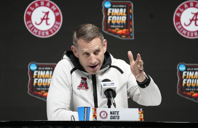 Alabama Crimson Tide head coach Nate Oats speaks at a press conference during practice before the 2024 Final Four of the NCAA Tournament at State Farm Stadium. Photo | Cheryl Evans/Arizona Republic-USA TODAY Sports