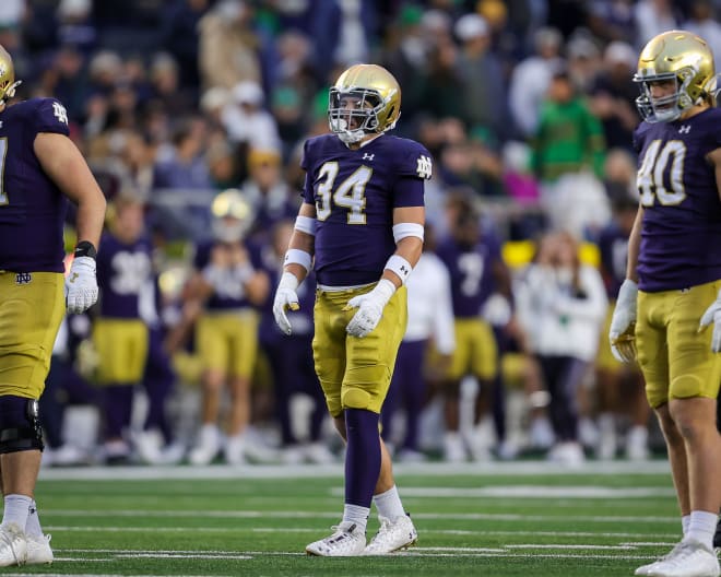 Notre Dame freshman linebacker Drayk Bowen saw defensive snaps, Saturday against Pitt, for the first time since the Central Michigan game on Sept. 16.