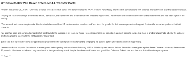 Statement from a PR rep about Baker's decision to transfer. 