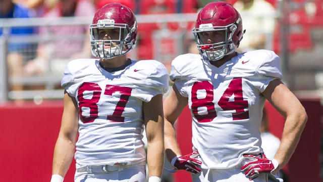 Alabama tight ends Miller Forristall (87) and Hale Hentges (84) should both see plenty of playing time this season. Photo | Laura Chramer 