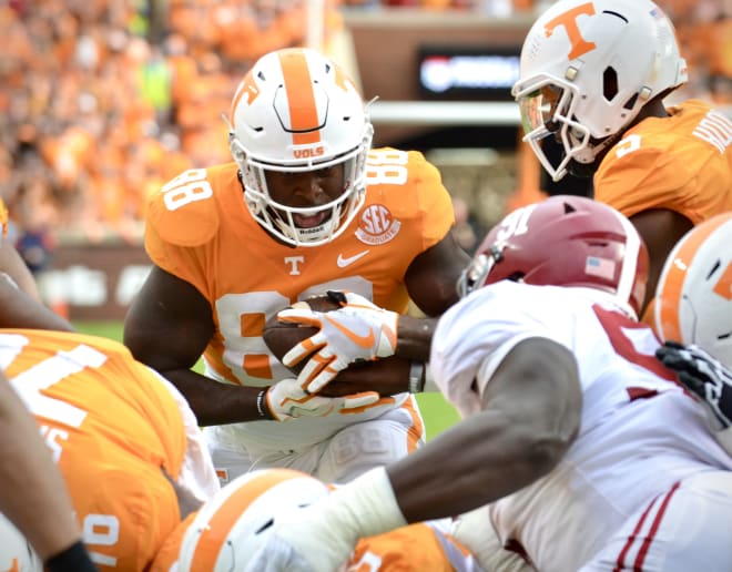 Tennessee tight end Princeton Fant lined up in the Vols' backfield for this first half touchdown in a 52-49 win over Alabama.