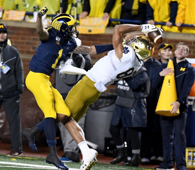 Notre Dame wide receiver Chase Claypool (83) trying to make a play against Michigan (Lon Horwedel)