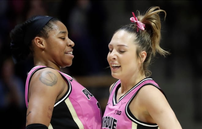 Purdue Boilermakers guard Jeanae Terry (10) and Purdue Boilermakers guard Abbey Ellis (23) celebrate during the NCAA women s basketball game against the Penn State Nittany Lions, Wednesday, Feb. 22, 2023, at Mackey Arena in West Lafayette, Ind. Pupsuwbb022223 Am07916