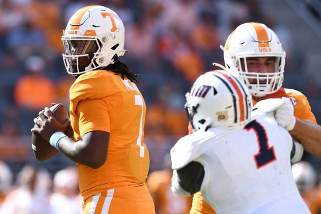 Tennessee quarterback Joe Milton III looks to pass during the Vols’ game against UT Martin last season.