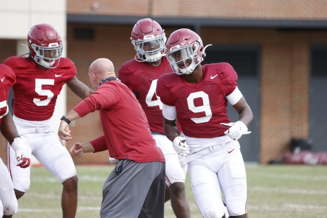 Alabama Crimson Tide safety Jordan Battle leads his position group during drills in practice. Photo | Alabama Athletics 