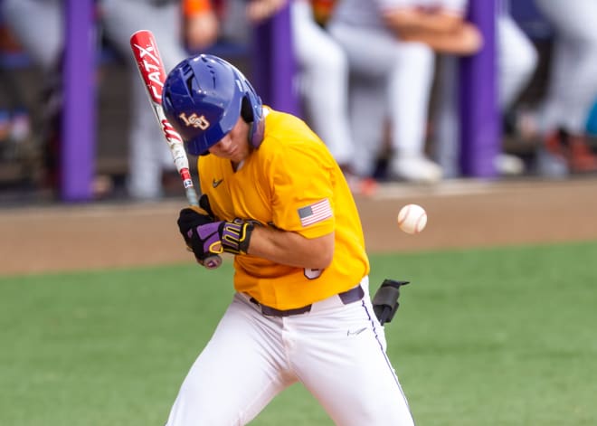 LSU second baseman Gavin Dugas, seen here getting hit by a pitch in Monday's Baton Rouge Regional victory over Oregon State, leads the SEC and is ranked fourth nationally in hit-by-pitches with 27.