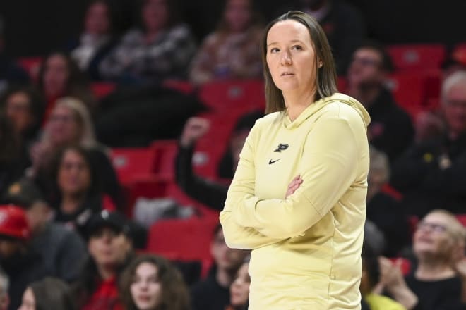 Jan 14, 2024; College Park, Maryland, USA; Purdue Boilermakers head coach Katie Gearlds looks onto the court during the first half against the Maryland Terrapins at Xfinity Center. Mandatory Credit: Tommy Gilligan-USA TODAY Sports
