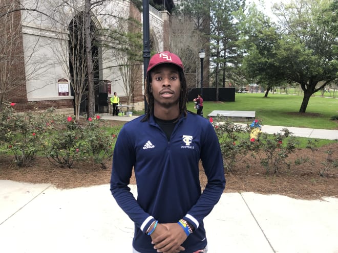 FSU wide receiver target Adam Hopkins sported an FSU hat out at spring practice on Tuesday.