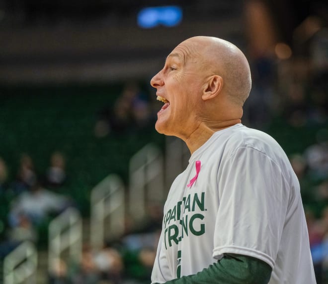 Acting Head Coach Dean Lockwood is standing in for Michigan State's Head Women's Basketball Coach Suzy Merchant for the sixth time this year Saturday, Feb. 18, 2023.
