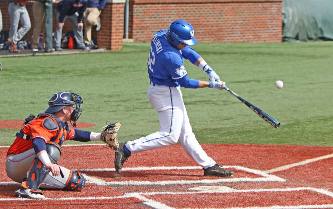 Kentucky's Ben Aklinski connected with a pitch in Sunday's doubleheader at Cliff Hagan Stadium.