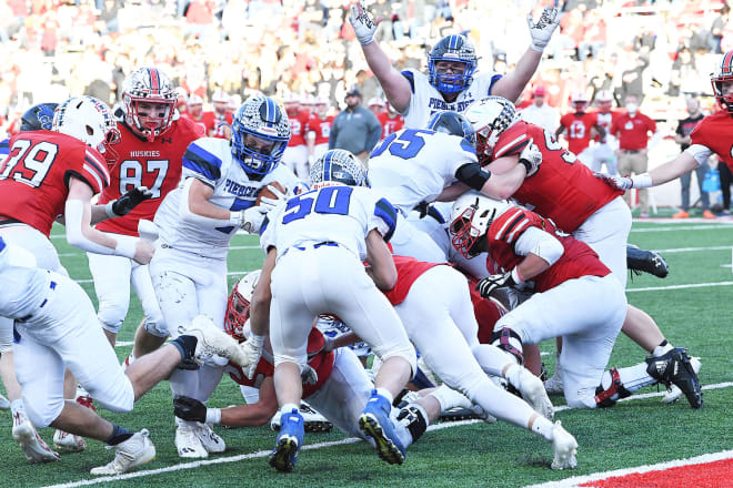 It was apparently clear to see Pierce junior Keenan Valverde (7) scored on this play, part of his unbeaten team's 42-14 victory over Aurora in the Class C-1 state final. These two titans hold the top spots in Huskerland's final C-1 Top Ten ratings.