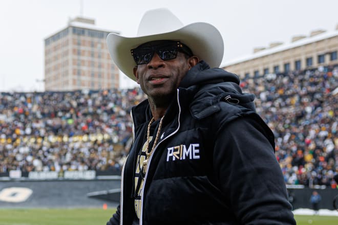 Head coach Deion Sanders on Folsom Field during the Black & Gold spring game