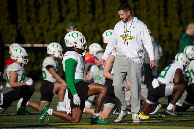 Dan Lanning and the Ducks opened spring practice Thursday morning. 