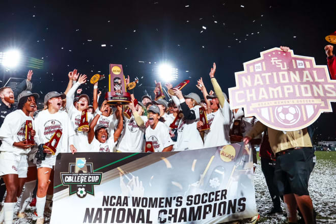 FSU soccer players celebrate a 5-1 win over Stanford, clinching the national title.