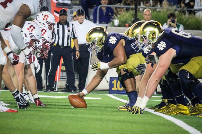 Notre Dame's offensive line goes up against Stanford Oct. 15.