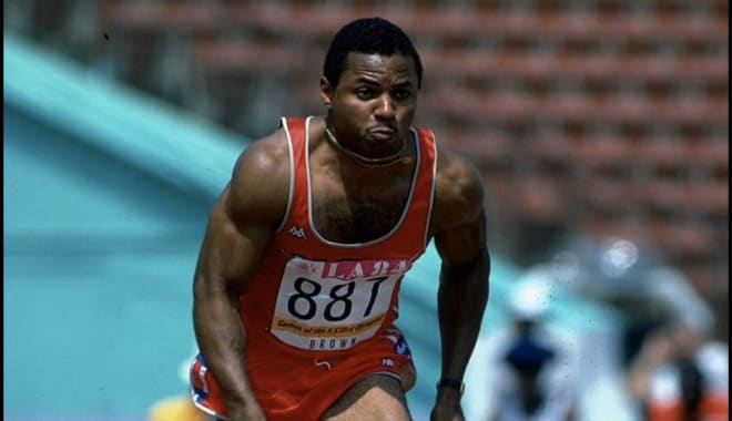 Brown ran the second leg in the 4×100m team that set the world record in the 1984 Olympics in Los Angeles