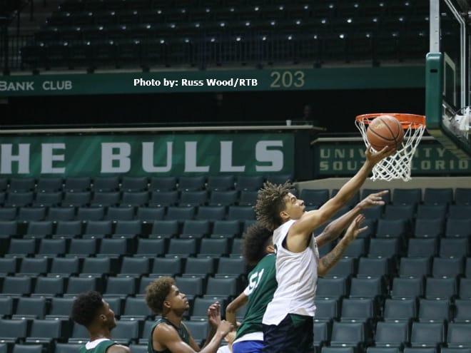 2020 Oldsmar Christian School wing Jadrian Tracey lays one up during the USF Elite Camp in the Yuengling Center.