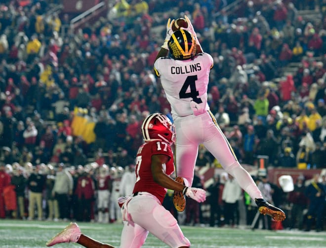 Michigan Wolverines wide receiver Nico Collins leaps for a pass at Indiana