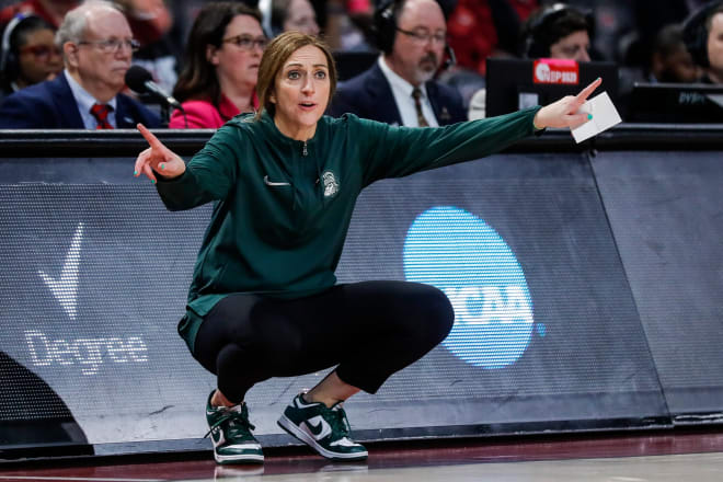 Michigan State head coach Robyn Fralick signals players before a play against North Carolina during the second half of NCAA tournament first round at Colonial Life Arena in Columbia, S.C. on Friday, March 22, 2024.