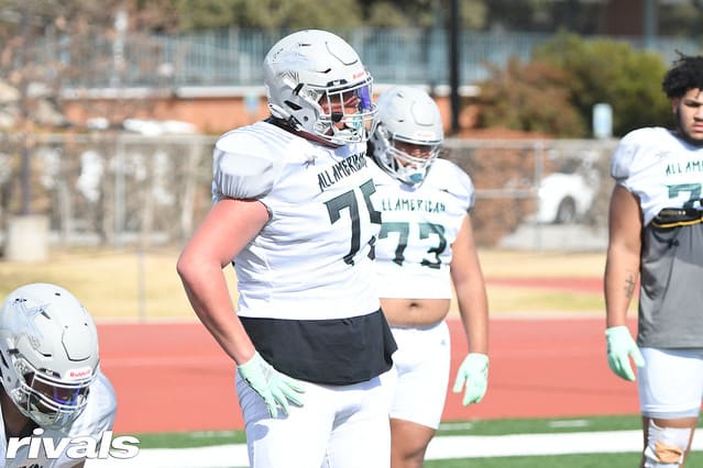 2023 four-star offensive lineman Sullivan Absher (75) at an All-American Bowl practice. 