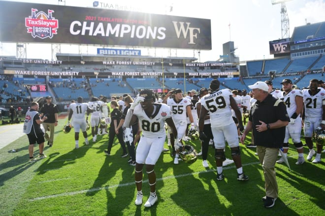 Jahmal Banks celebrates after Wake Forest's win in the Gator Bowl. 