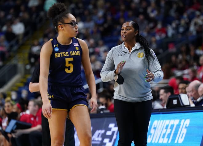 Point guard Olivia Miles (5), head coach Niele Ivey and the rest of the Irish women's basketball team open league play Dec. 18 at Virginia Tech.