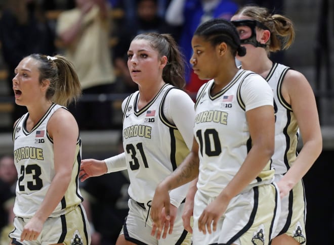 Purdue Boilermakers walk off the court during the NCAA WNIT basketball game against the Duquesne Dukes, Thursday, March 28, 2024, at Mackey Arena in West Lafayette, Ind.