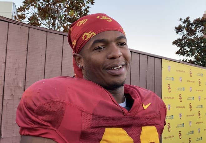 USC running back Keaontay Ingram talks with reporters after practice Tuesday.