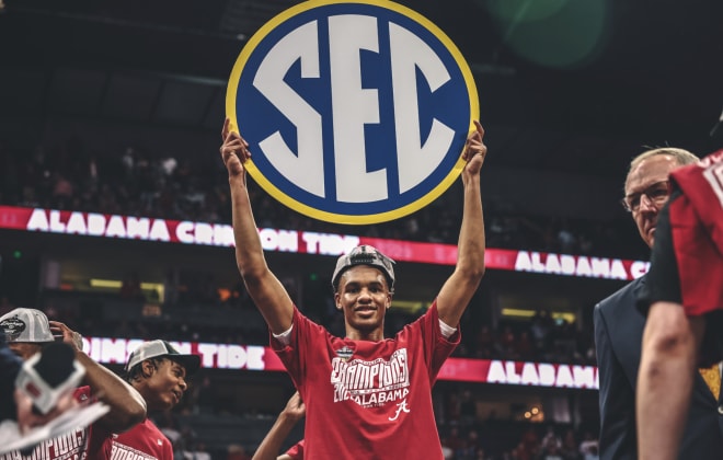 Alabama guard Rylan Griffen celebrates the Crimson Tide's SEC Tournament title win on Sunday. Photo | Alabama Athletics.