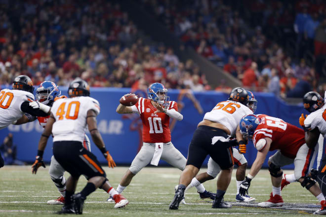 Ole Miss quarterback Chad Kelly makes a throw during Friday's Sugar Bowl. Kelly won Most Outstanding Player honors, throwing for 302 yards and four touchdowns and adding 73 yards rushing.