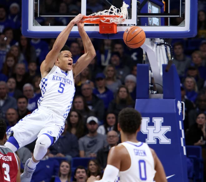 Kevin Knox slammed in two of his game-high 17 points on Monday night in Kentucky's 70-62 win over Troy. 