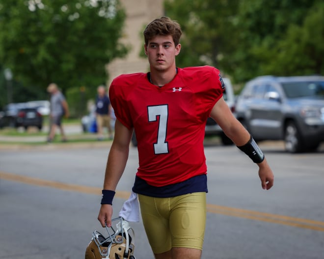 Freshman QB Steve Angeli dons a No. 7 jersey to simular Ohio State QB C.J. Stroud in practice back when he was a member of the Irish scout team.