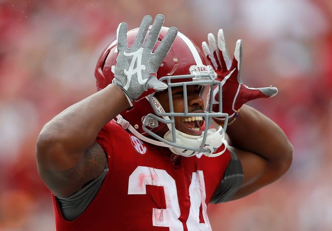 Alabama running back Damien Harris celebrates after scoring a touchdown against Tennessee. Photo | Getty Images
