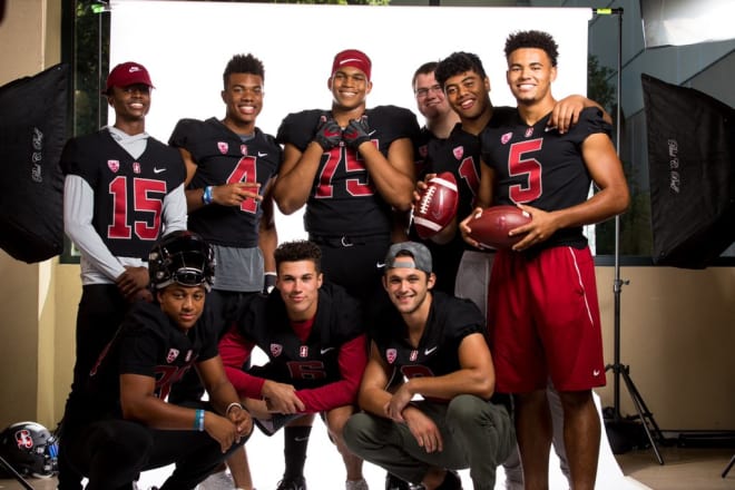 Every recruit who posed in this photo during the USC game visit signed with Stanford. Top row, from left: Kyu Kelly, Elijah Higgins, Walter ROuse, Branson Bragg, Joshua Pakola and Stephen Herron. Front row, from left: Austin Jones, Tristan Sinclair and Colby Bowman.